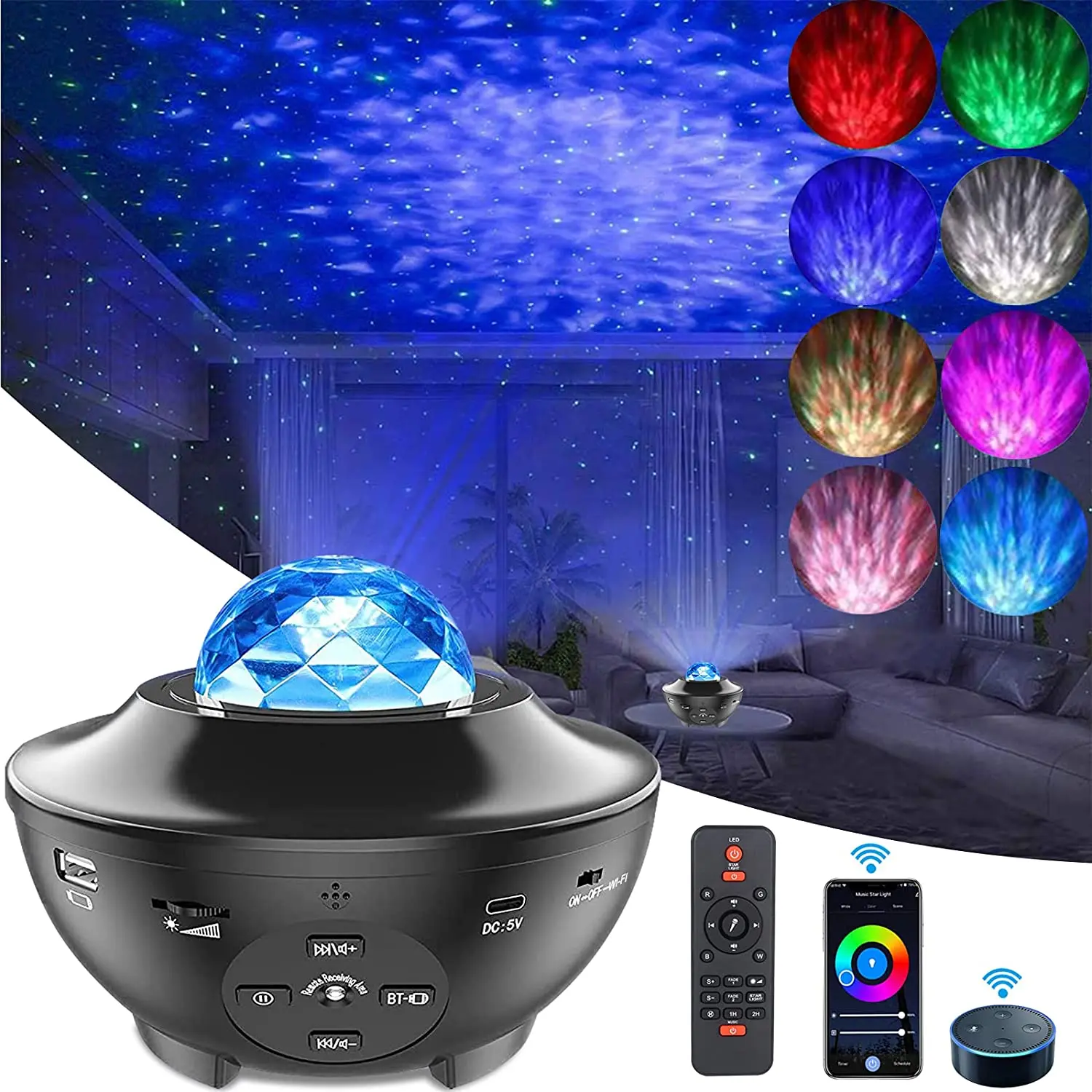 Smart Night-Light-Projector for Livingroom/Game Rooms Galaxy-Projector for Bedroom Black Yamla Star-Projector Works with Alexa Google Home Sky-lite with App Control Bluetooth Speaker Timer 