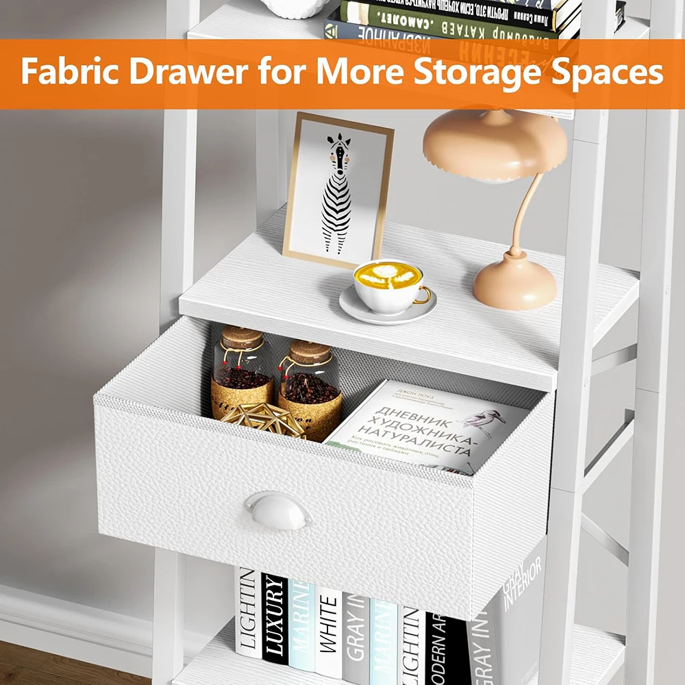 5 Tier Wooden/Metal Modern Bookshelf Ladder Shelf Drawer Tall Narrow Storage Organizer for Living Room Home Office supplier