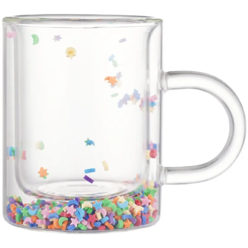 New arrived Ins Glass  Double wall Layer Cute Girl Heart Quicksand glass Water Cups with Handle