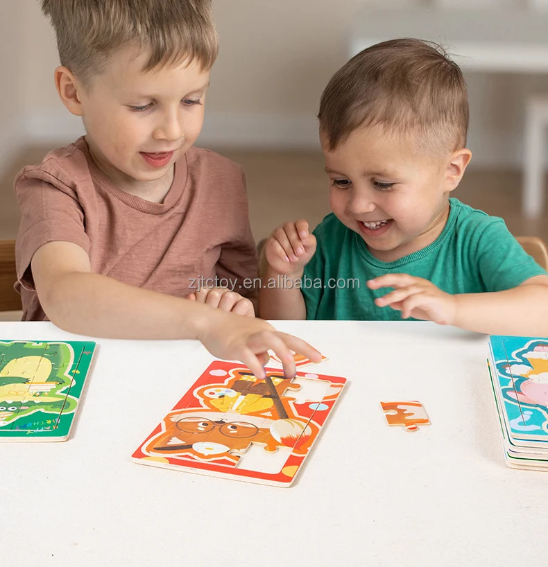 Kayu Kartun Hewan Jigsaw Bayi Papan Puzzle Montessori Pendidikan Dini Kayu Hewan Kognisi Mainan Puzzle untuk Anak-anak Detailnya