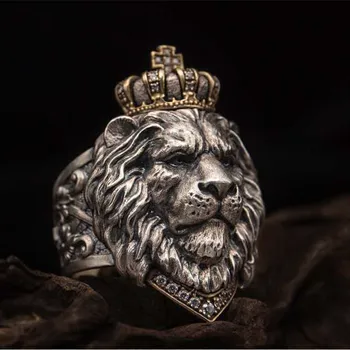 Retro Crown Lion King Ring Tin Alloy Silver-plated Hand Jewelry Men's 7-14 Size can be slightly adjusted Animal Jewelry
