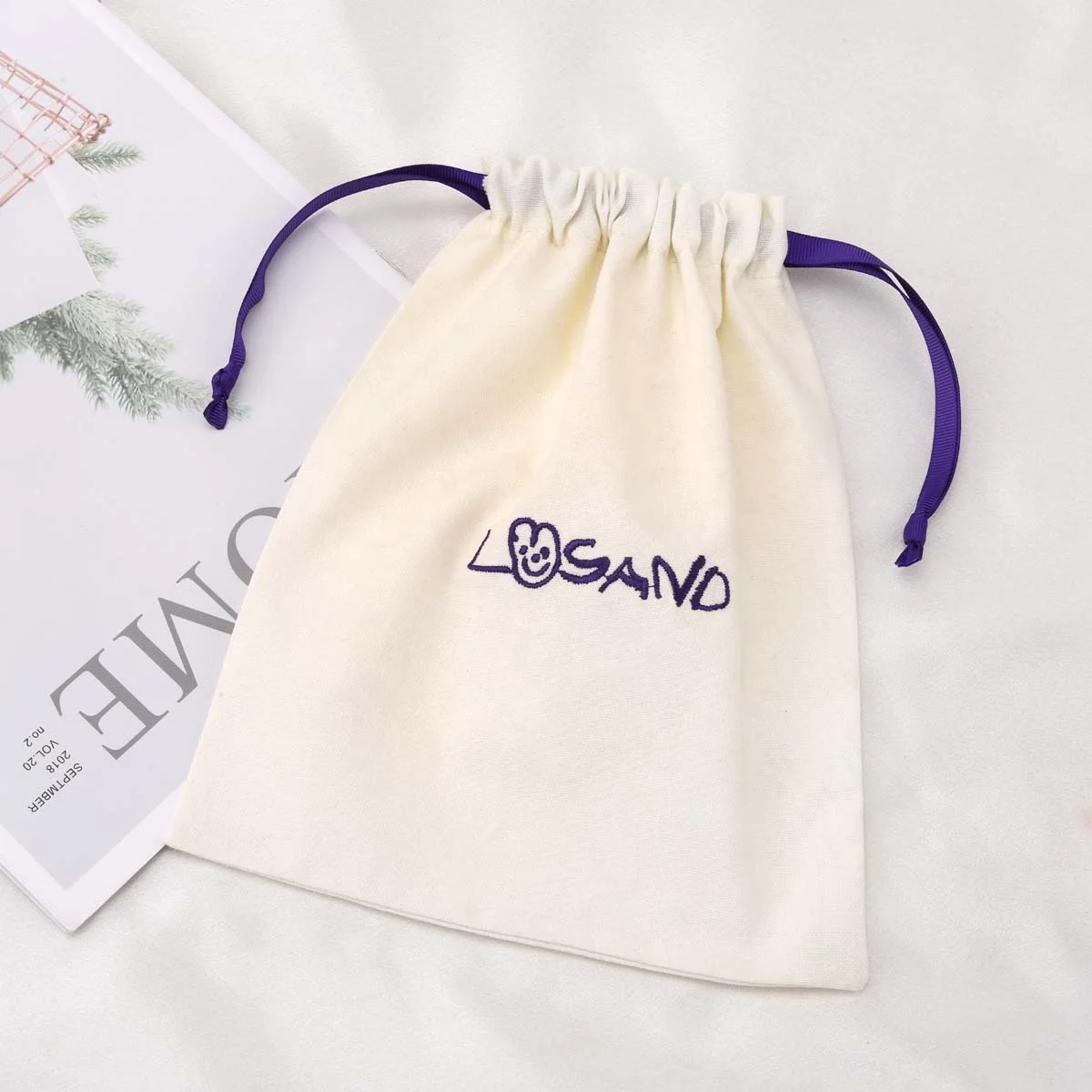 Custom Embroidery Printing White Cotton Linen Dust Wallet Bag Organic Shoulder Bag Packing Storage Drawstring Muslin Pouch