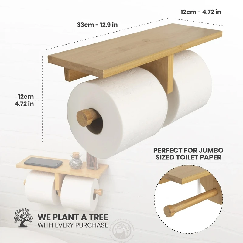 Bamboo Double Dual Toilet Paper Holder with Convenience Shelf Tray Modern Hanging Wall Mount for Toilet Paper Phone