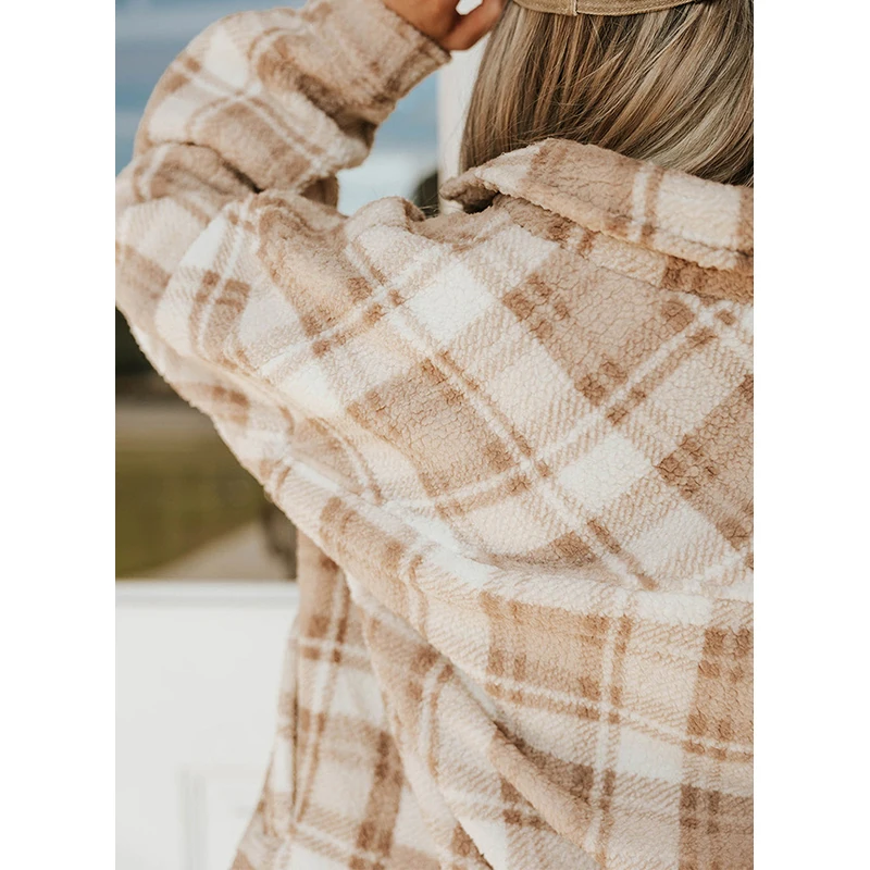 Dear-Lover Private Label OEM ODM Winter New Fashion Button Plaid Fleece Sherpa Jacket With Pockets