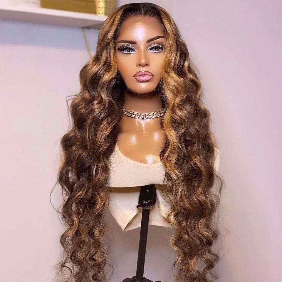 Ready To Ship Ombre Highlight Brown Blonde Wig 200% Density,pineapple Wave Brazilian Wigs Lace Front,100% Raw Human Hair Wigs