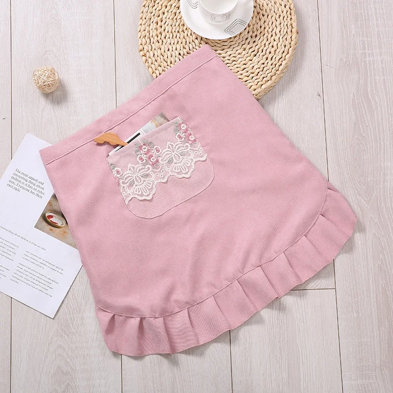 Child Waist Apron Pink Ruffle Printing and Embroidery Pocket Half Cotton Apron Custom Kids Adult Aprons