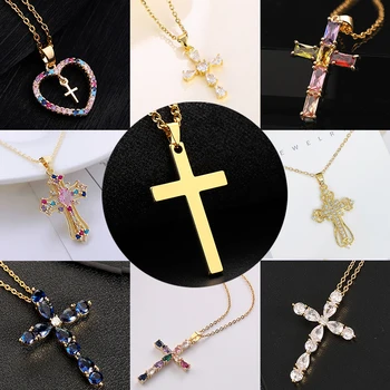 High Quality Diamond Christian Religion Jewelry Gold Plated Stainless Steel Chain CZ Micro Pave Cross Pendant Necklace