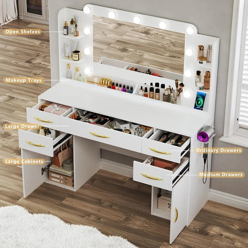 Bedroom Wood Large Makeup Vanity Desk with 5 Drawers 2 Cabinets and Shelves 3 Models Lights and Power Outlet supplier