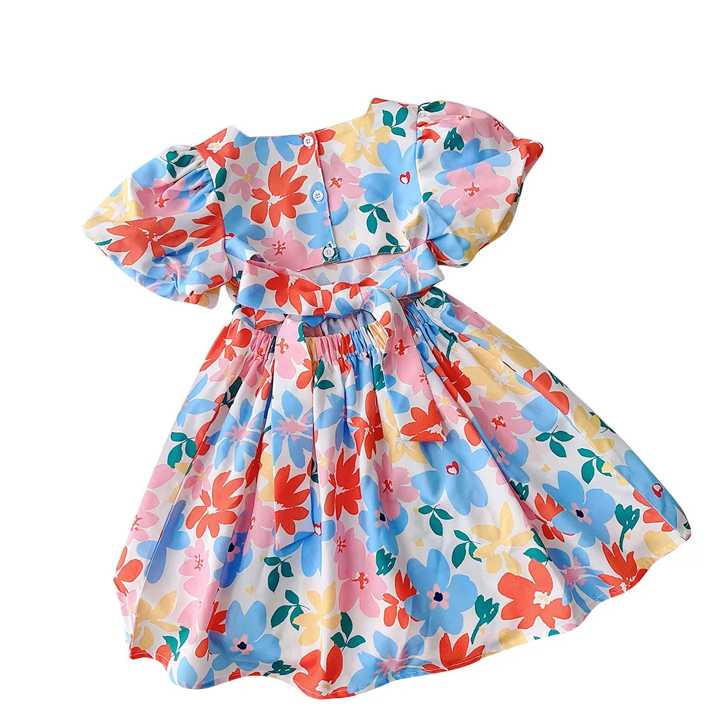 Girl Summer Floral Dress for Children Summer Puff Sleeve Short Sleeve Dress