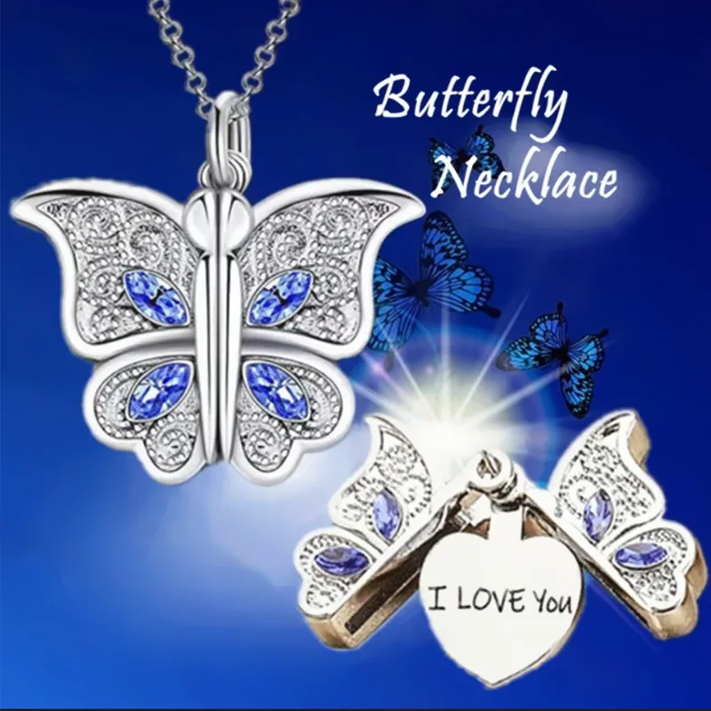 New Women's Butterfly I Love You Love Album Box Pendant Necklace