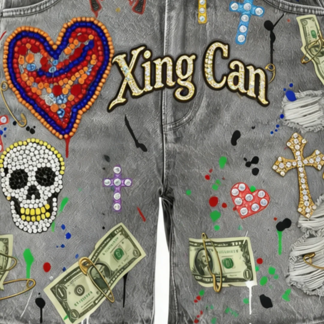 product custom mens vintage washed heavy duty rhinestone graffiti denim shorts distressed frayed hems streetwear loose fit-2