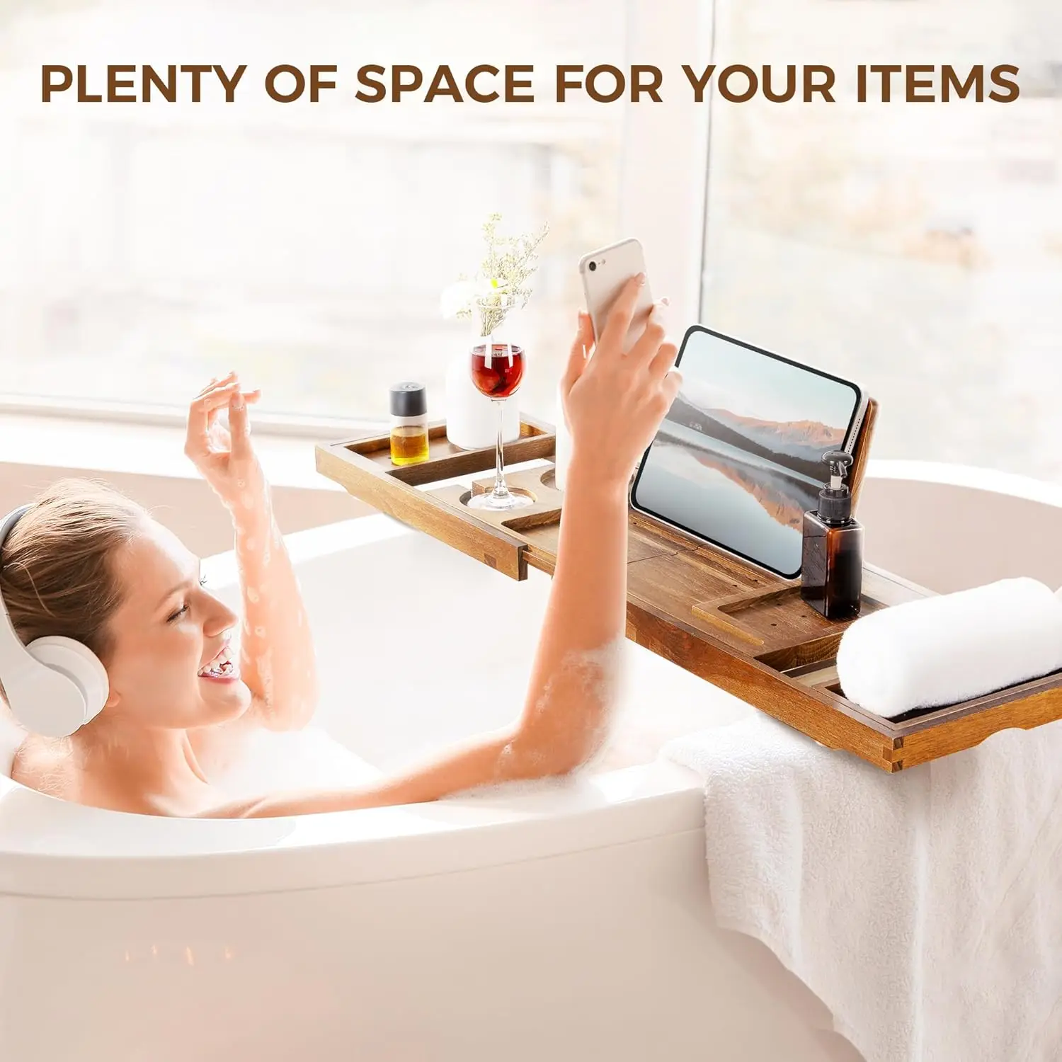 product luxury foldable bath tray teak bathtub tray with expandable handles wine glass and phone holders book stand-1