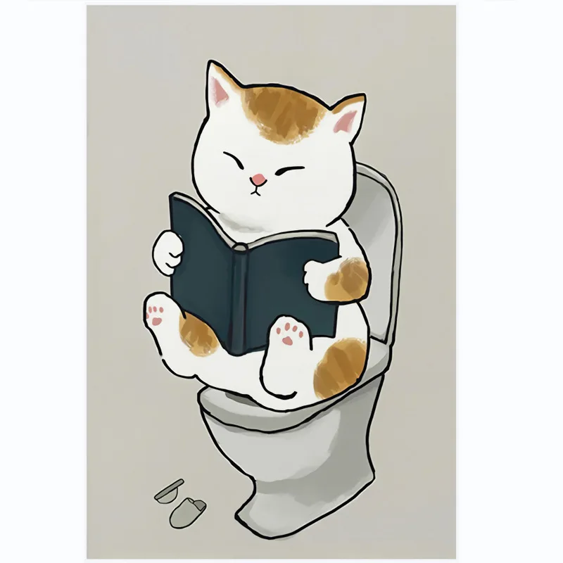 Funny Cat Bathroom Wall Art Canvas Print Orange Tabby Cat Using Phone Toilet Cute Humorous Minimalist Neutral Home Decor