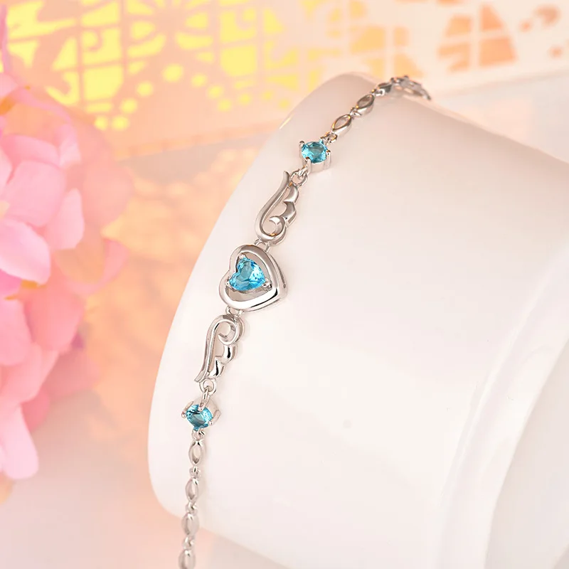 angel wings blue diamond bracelets women,925 sterling silver charm chain heart bracelets jewelry gift for lover