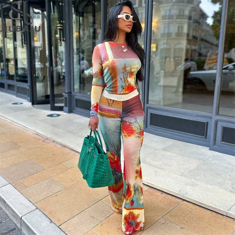 Fashion Colour Vintage Print Two Piece Pants Set Causal Outfits For Women 2023 Fall Long Sleeve Crop Top Flared Pants Set