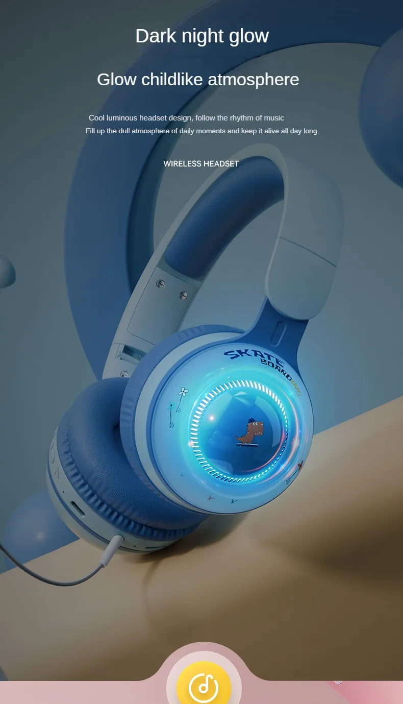 Cross-border Headset Bluetooth Headset Wireless Cute Luminous Dinosaur Children's Headset Music Girl Headset with Microphone