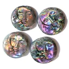 Stone Sun Hand Carved Natural Pink Purple Flash Labradorite Plam Stone Sun And Moon Face Carving