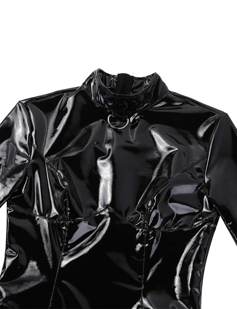 Luxury Long Sleeves Leotard Bodysuit Women One Piece Patent Leather Double Zipper Catsuit 9774