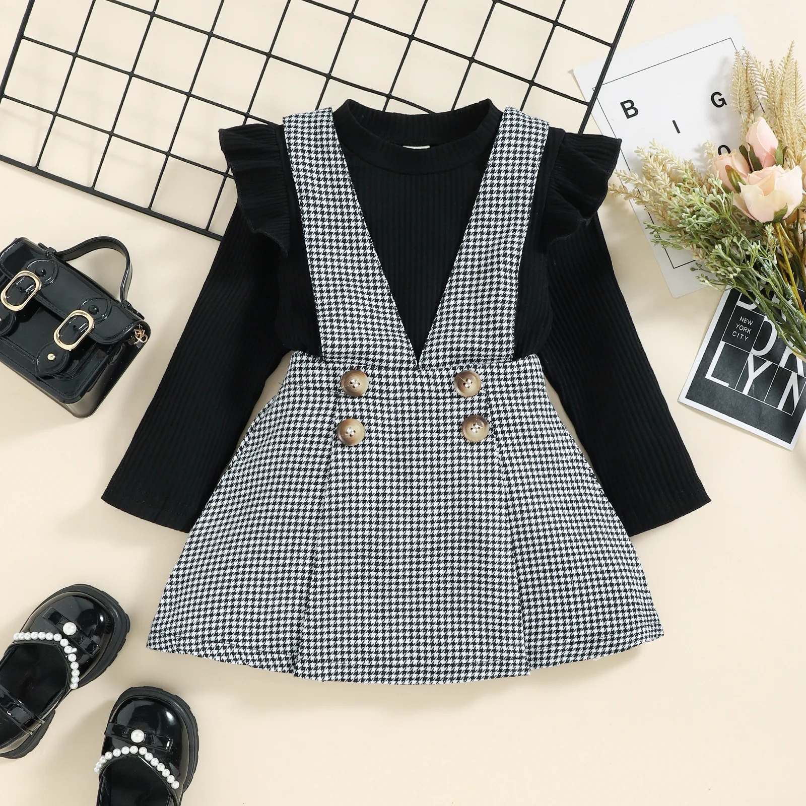 Wholesale toddler girls 2pcs clothing autumn kids long sleeve ribbed knit pullover+plaid suspender skirt outfits set