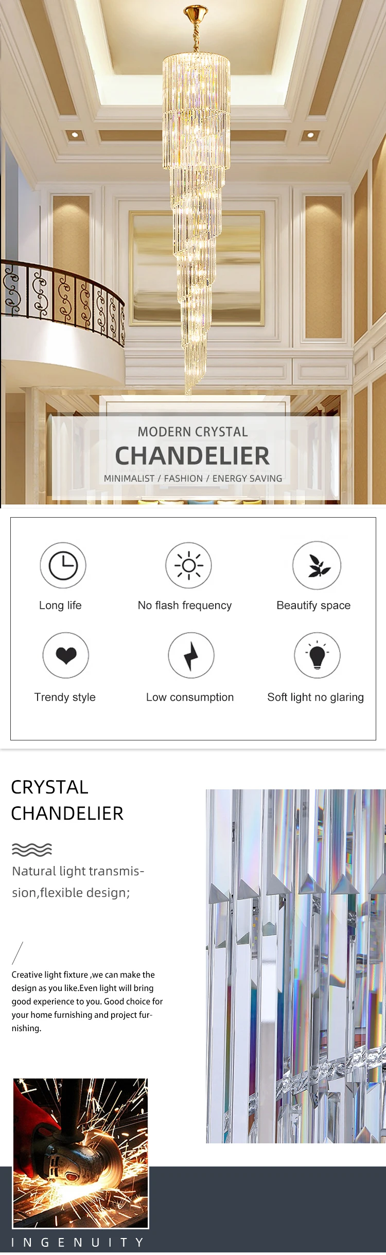 CPL-118 Graceful Style Residential Decoration Custom Hotel Lobby Villa Staircase Luxury Crystal Chandelier manufacture