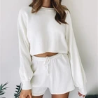 Long Casual Solid Color European Style Loungewear Ladie's Outwear Long Sleeve Crop Top And Shorts Suit