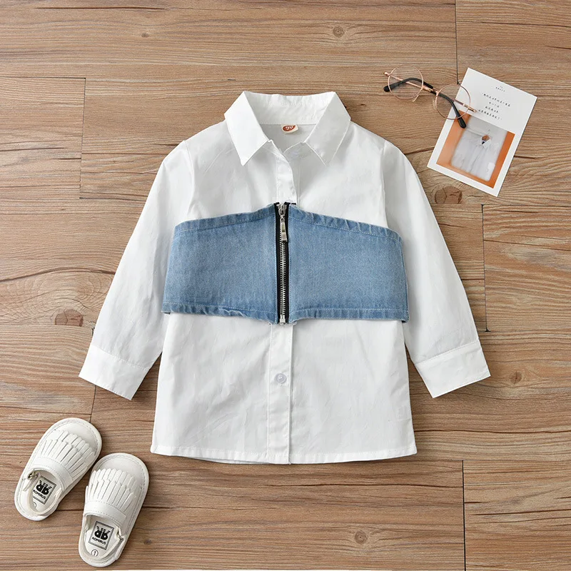 High quality baby girls blouse+denim vest top solid long sleeve children outfits white shirt dresses girls clothing sets