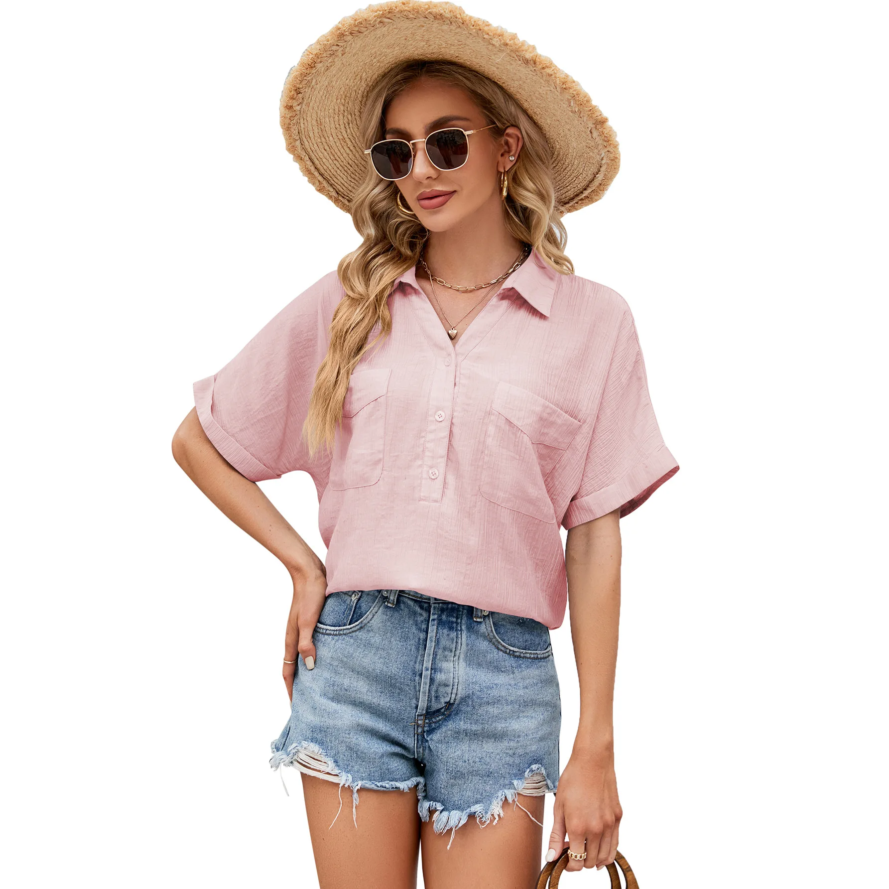 Hotouch Linen Shirts for Women Cotton Long Sleeve Button Down Blouses V Neck Casual Loose Work Casual Summer Tops