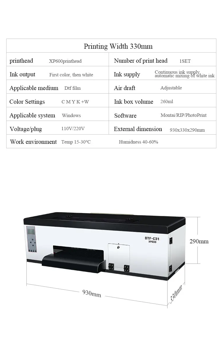 Hot Sale Factory Direct Supply Single Head A3+ 33cm C31 Eps XP600 DTF Printer for DTF Digital Printing for DIY Logo Design