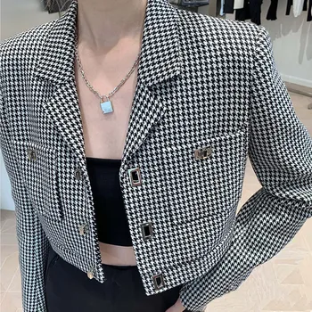 High Quality Houndstooth Woolen Short Coat Women's Autumn Winter High Waist Tweed Coat Office Lady Slim Fit Cropped Jacket