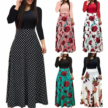 Fashion Women Sexy Bohemia Strips Floral Printed Church Long Sleeve Maxi Dresses For Black Women Lady Casual Wear Dress