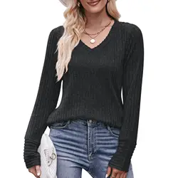2023  Autumn New Fashion Simple Top Ground Wool Pit Strip V-neck Solid Color Women Comfortable Long Sleeve T-shirt