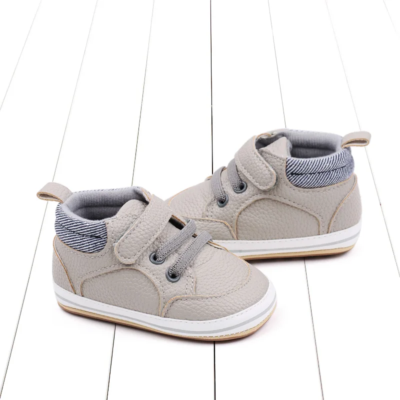 Striped Leather Lettering Design Non-slip Baby Toddler Shoes for Boys and Girls factory