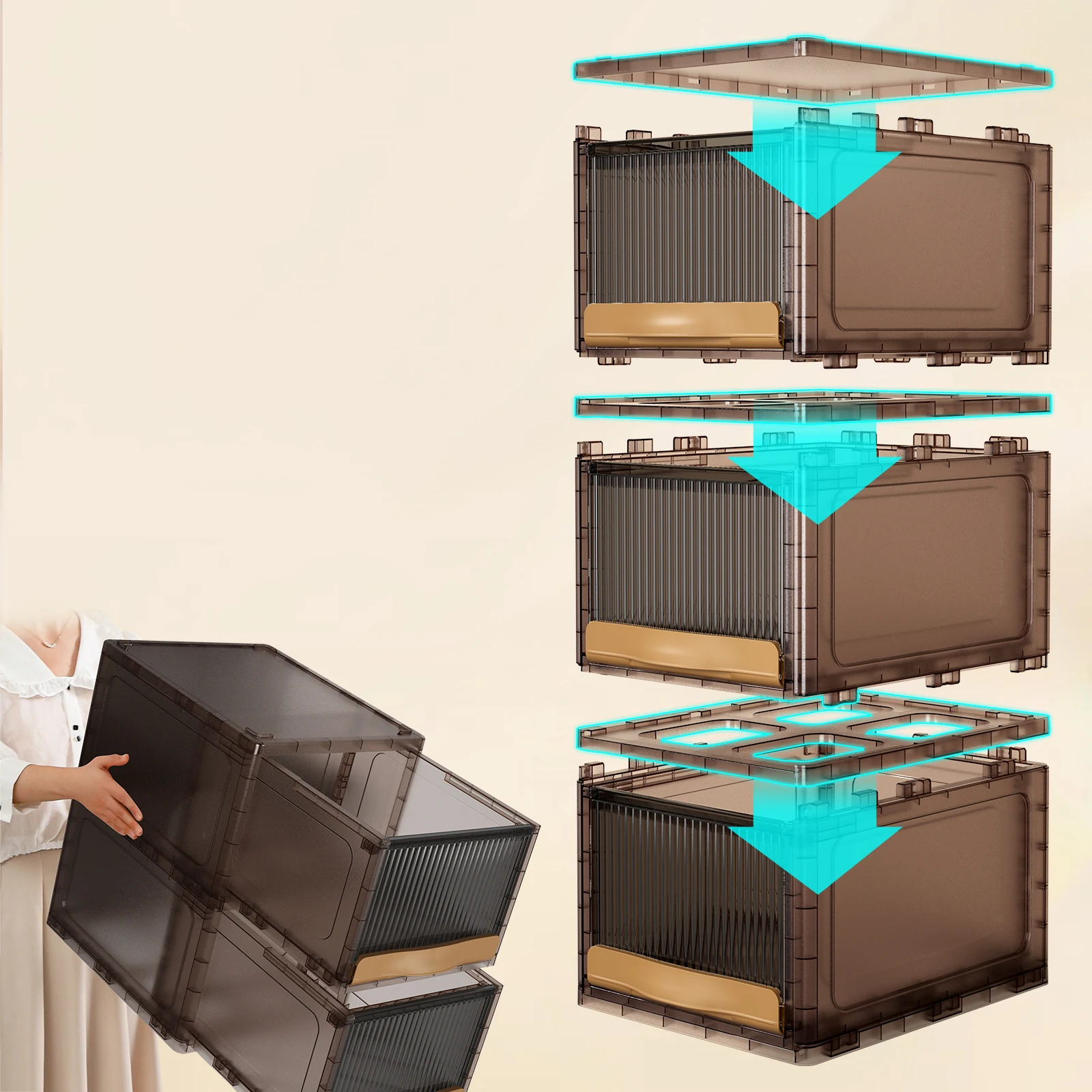 Haixin Transparent Brown Plastic 3pc Combination Storage Box Multi-functional Storage Collapsible Storage Box