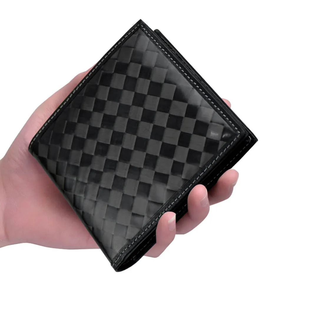 Luxurious RFID blocking slim leather 12K carbon fiber men's folding wallet