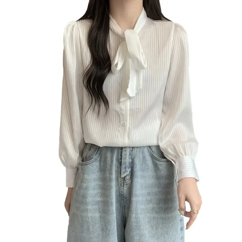 Silk long-sleeved top women's elegant shirt plain color fashion shirt 2023 spring autumn women's loose shirt