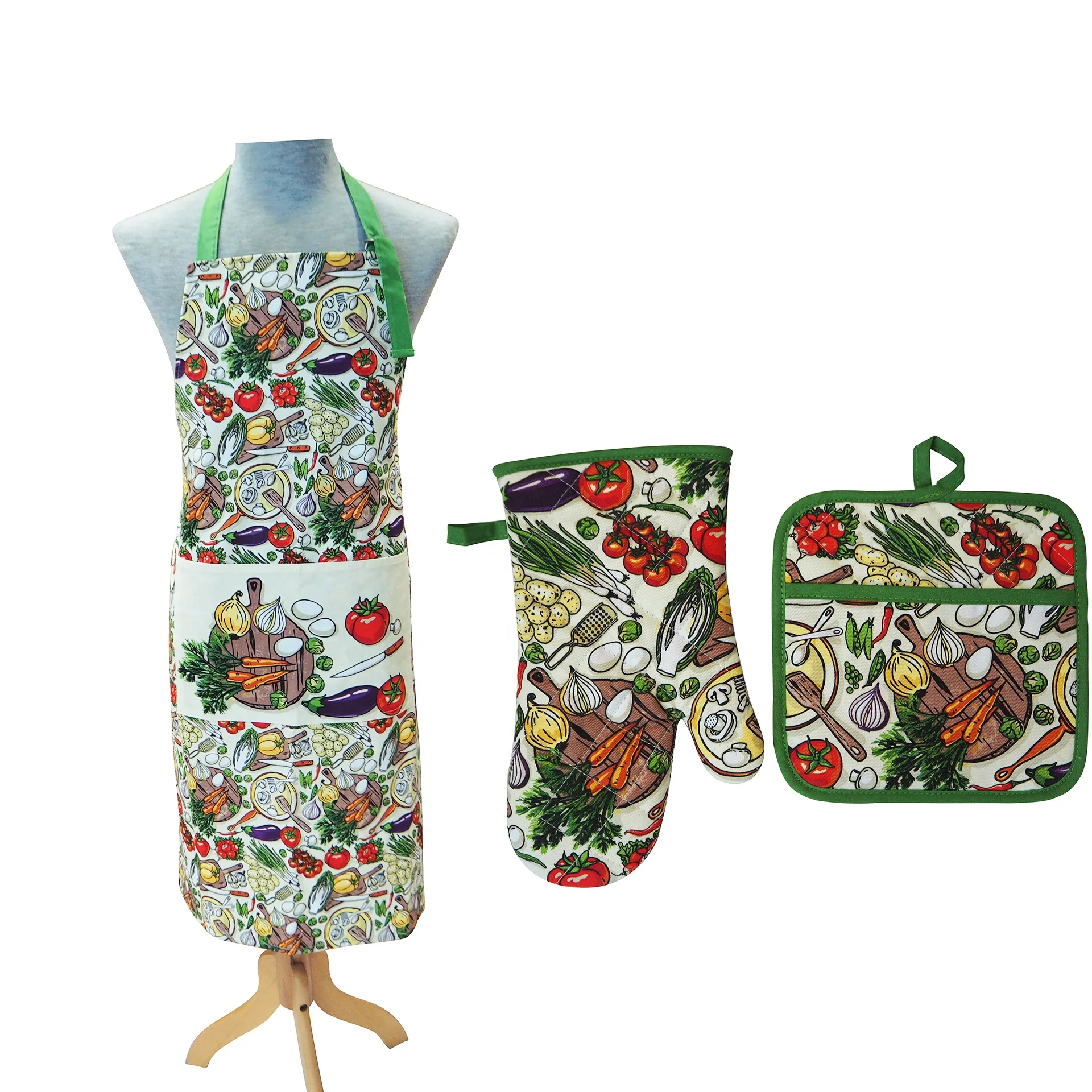 Printing Oven Mitts Pot Holder Tea Towel Shopping Bag Apron Set Cleaning Cooking Antifouling Household Apron Set