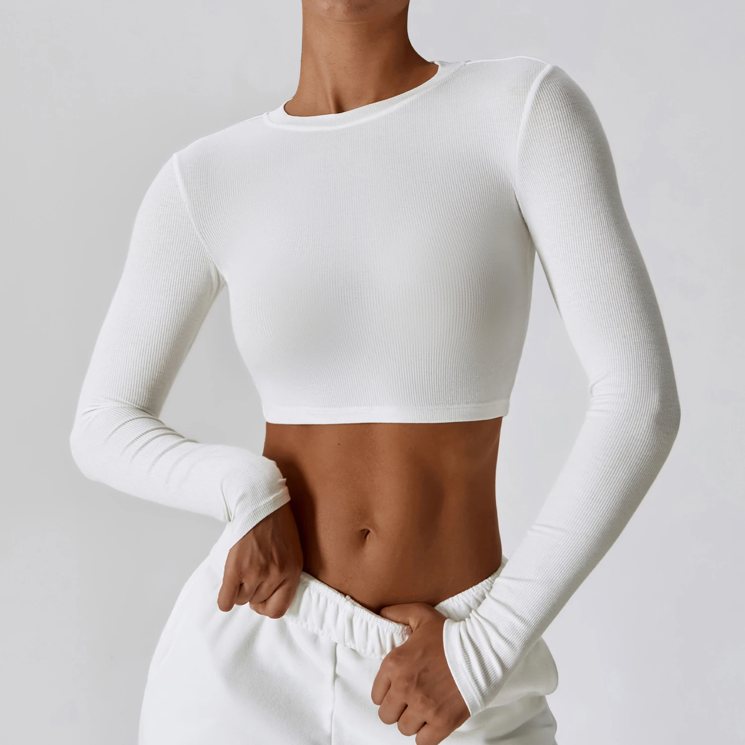 Fashion Lady Women's Classical Custom Blank Long Sleeve High Quality Ribbed Gym Fitness Gym Tops