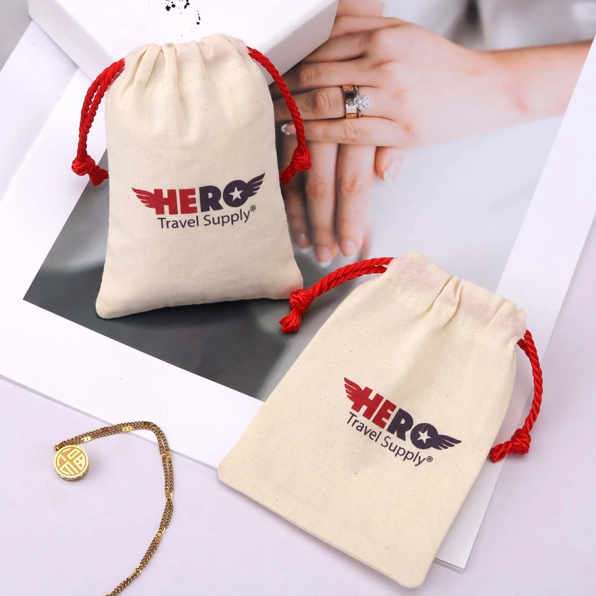Luxury Custom Logo Printing Natural Cotton Muslin Patch Jewelry Bag Small Soft Gift Cotton Drawstring Pouch