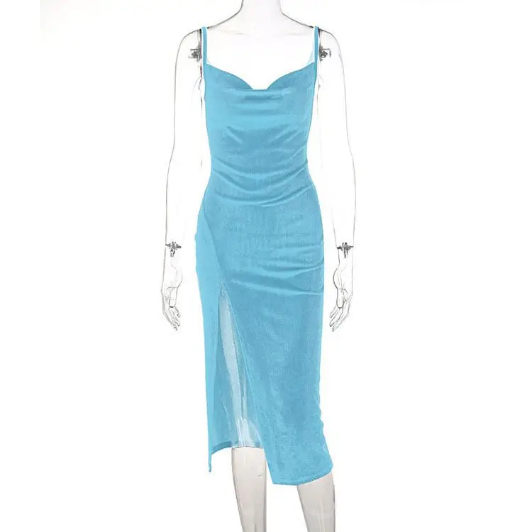 High Quality Suspender Low Collar Sleeveless Solid Colors Velvet Vent Long Dress For Women