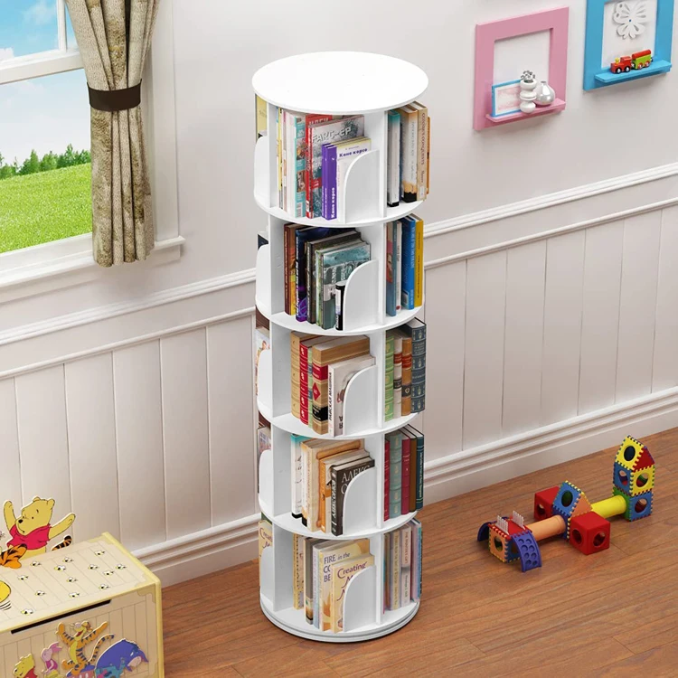 White multi purpose children library 360 degrees rotating book shelf for kids bedrooms
