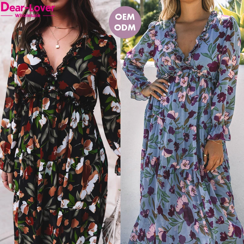Dear-Lover OEM ODM Wholesale Fast Shipping Wild Lotus Ruffle Tiered Long Sleeve Maxi Dress Ladies Long Dress