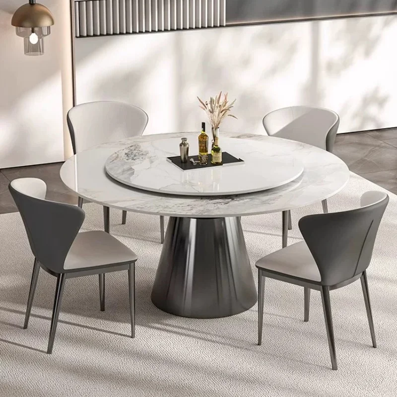 New Design Modern Rock Plate Dinining Table Set For 6 Living Room Stainless Steel Base Round Dining Table With Turntable