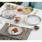 Wedding Dinner Set Ceramic Porcelain WKTDS04 Chaozhou Luxury Wedding Gold Rimmed Line Plated Ceramic Dinnerware Dinning Plate And Bowl Marble Dinner Set Porcelain