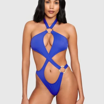 O-Ring Tie Back Bikini Swimsuit Asymmetric High Rise Cut Swimwear One Pieces Bathing Suit