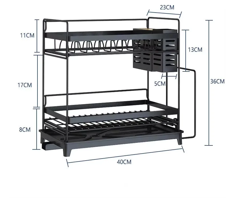 Two Tier Detachable Cross-Border New Kitchen Stainless Steel Draining Rack With Adjustable Catch Tray Black and White