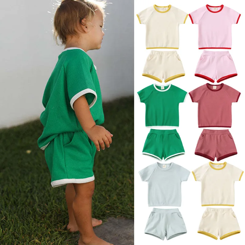 Girls Clothing Sets 2023 New Summer Shorts Sleeves Cotton Tops +Shorts Boys Girls Two Suit TZ89546
