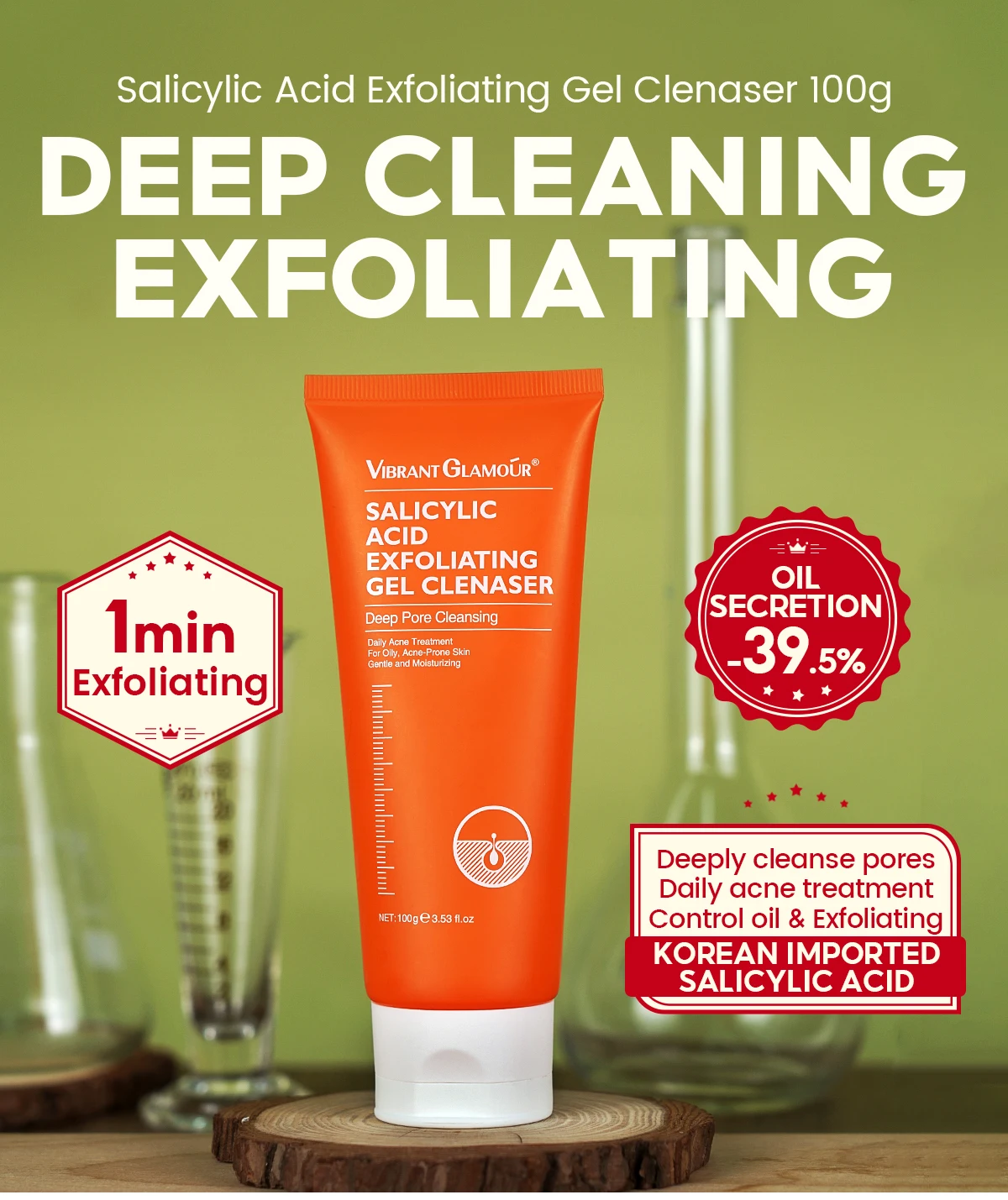 Vibrant Glamour Salicylic Acid Gel Facial Cleanser Deep Cleaning Face Moisturizer Wash for Adults
