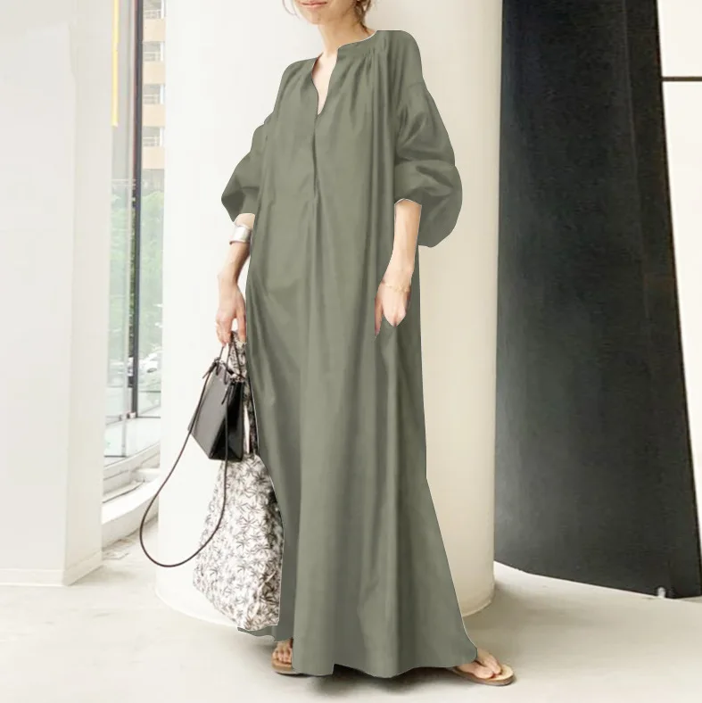 abaya women muslim dress Lantern Sleeve Loose Solid Casual linen maxi dress