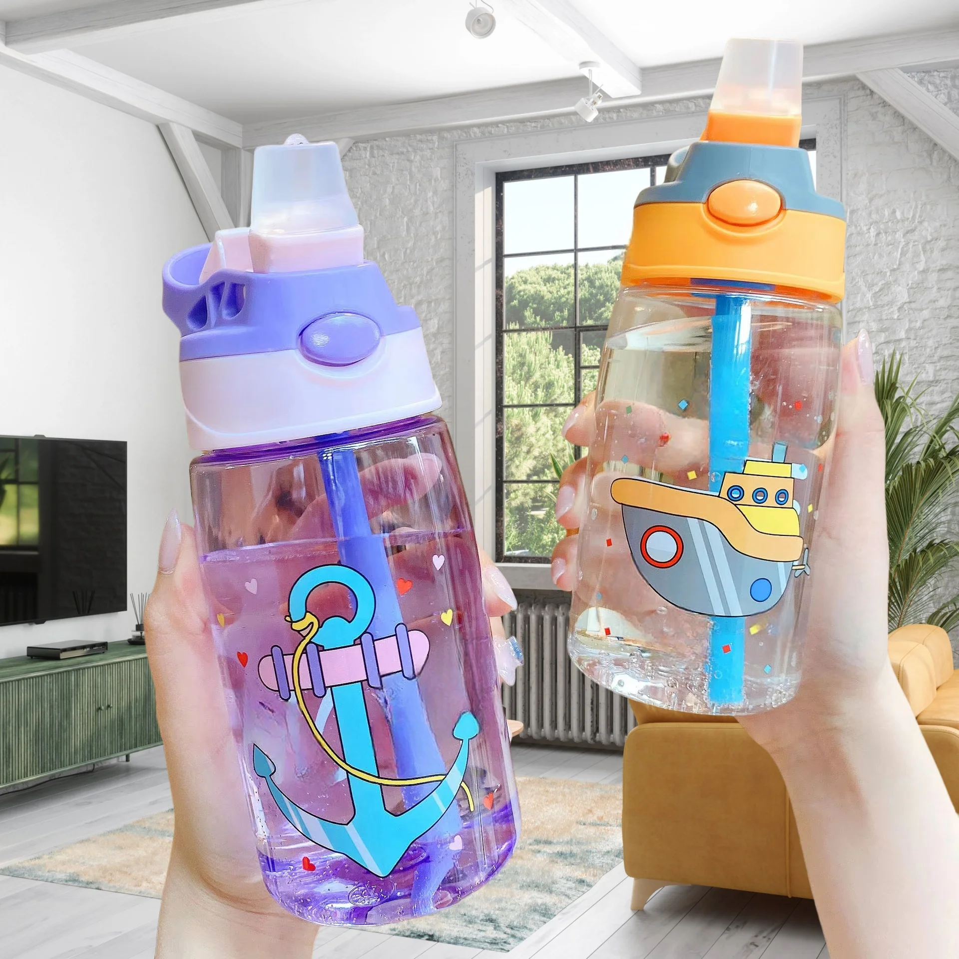 Hot Selling eco friendly Children's Cup 480ml Plastic Kids Water Bottle Cute Printing Child Drinking Water Bottle With Straw