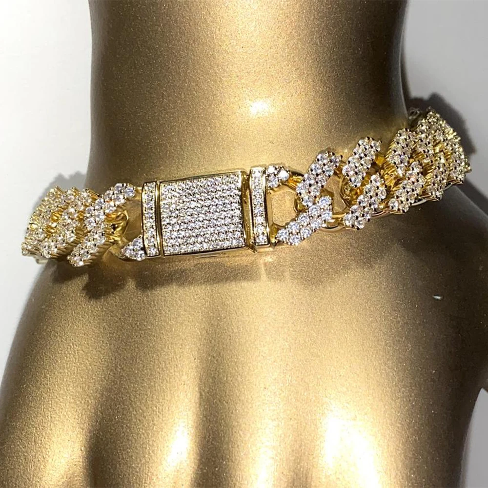 Top Brands 925 Sterling Silver Hip Hop Bling Iced Men's 18k Gold Cuban Cz Link Chain Bracelet Bangles